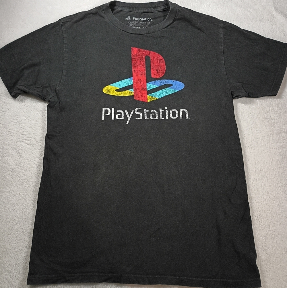 PlayStation Logo Graphic T-Shirt Black Distressed Print Size M